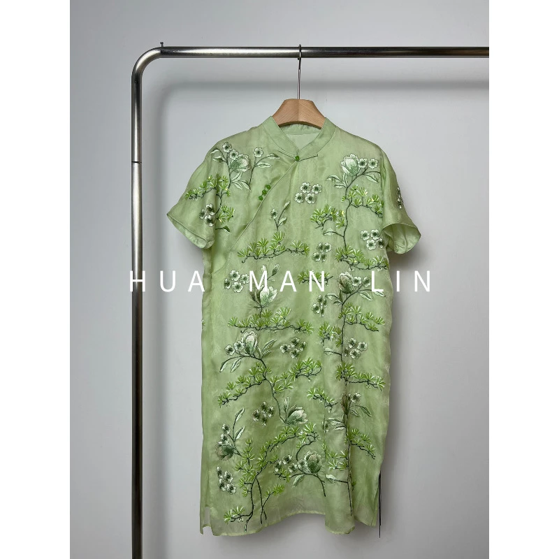 花滿林‘玉兰花海’小立领斜门襟刺绣欧根纱真丝桑蚕丝连衣裙8826