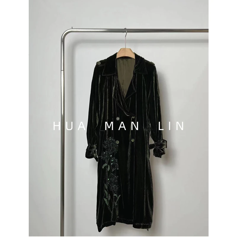 花滿林【现量系列】翻领定染绿色重工钉珠风衣【有腰带】7298