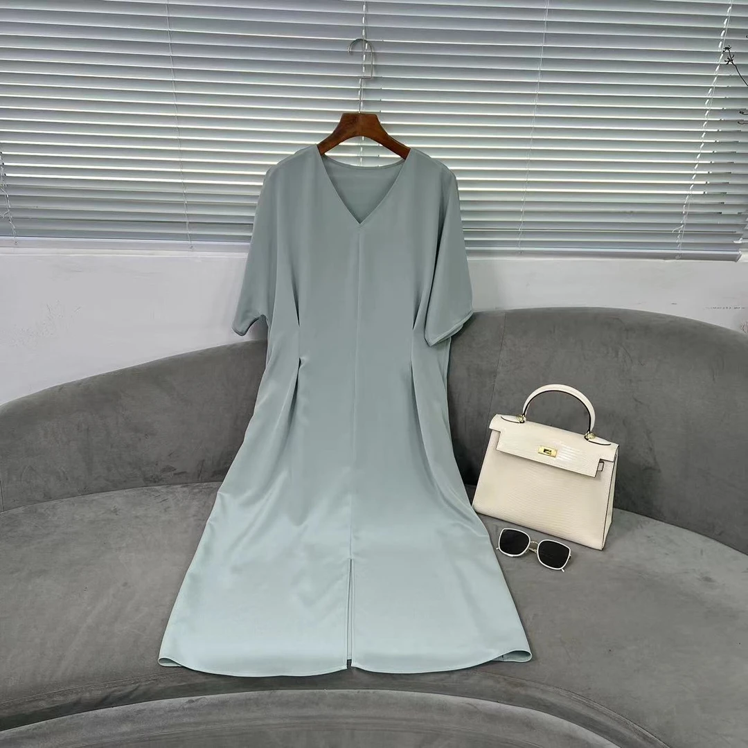 【花滿林】‘最爱系列’V领收腰定染色重磅桑蚕丝开叉连衣裙6803