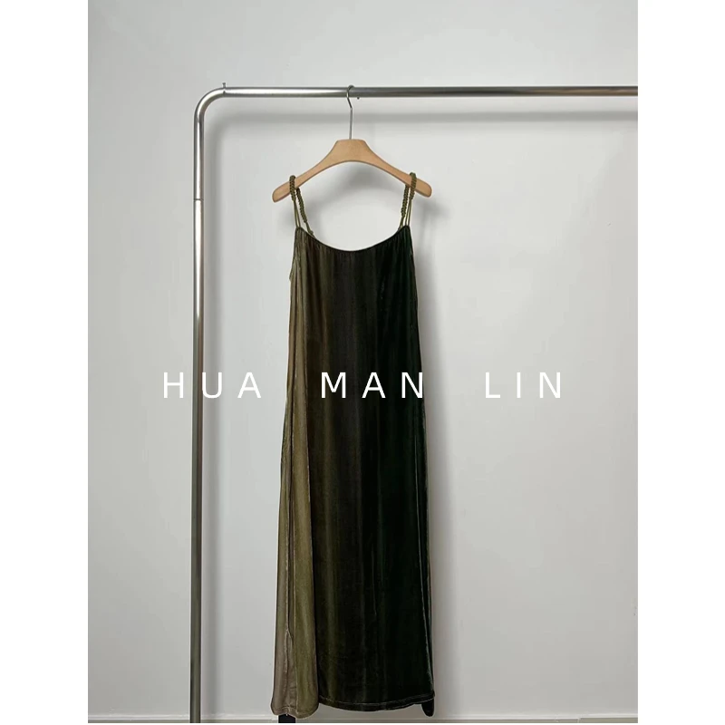 花滿林【现量系列】手工编织肩带桑蚕丝丝绒扎染吊带裙7173