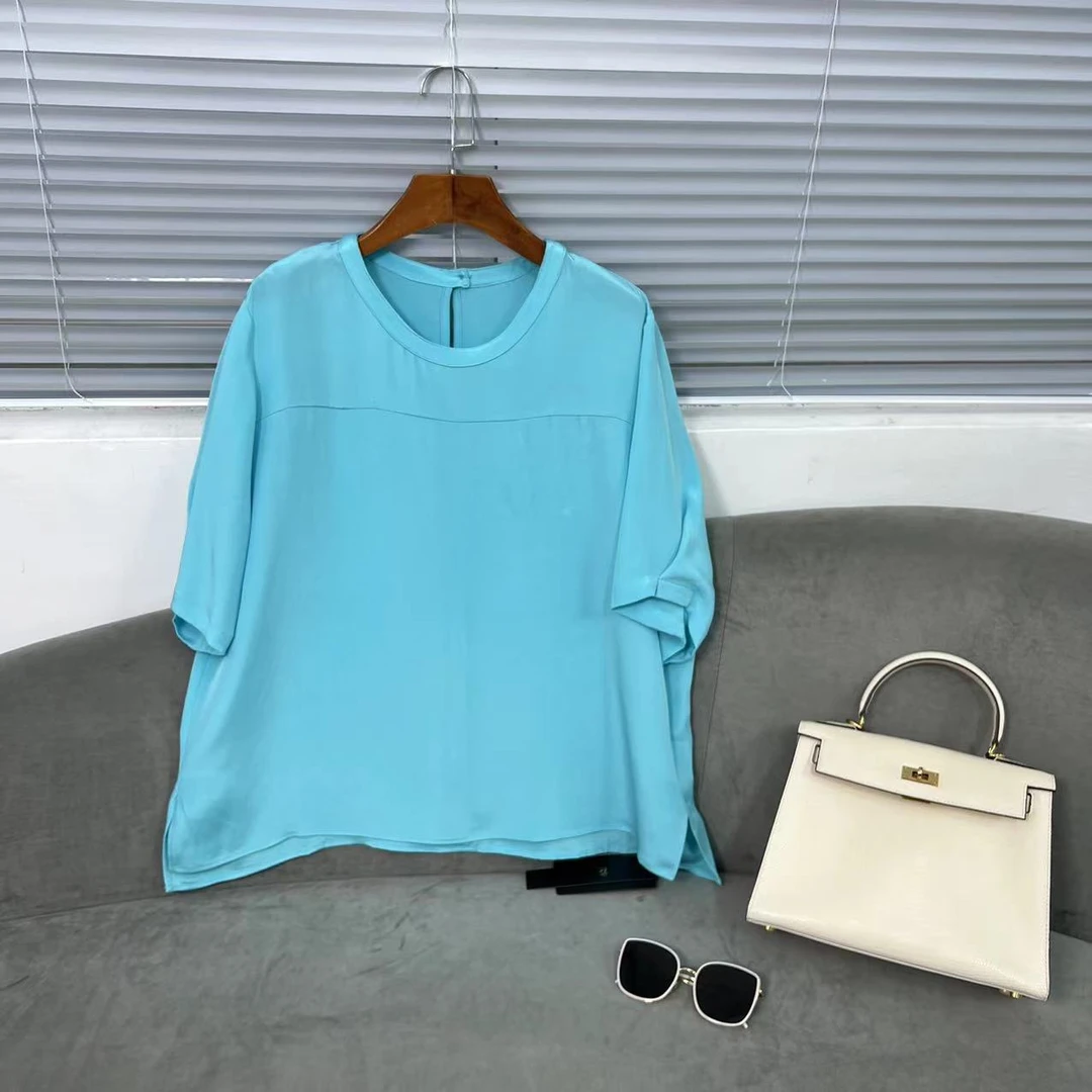 【花滿林】圆领定染色拼接重磅桑蚕丝短袖百搭上衣5191