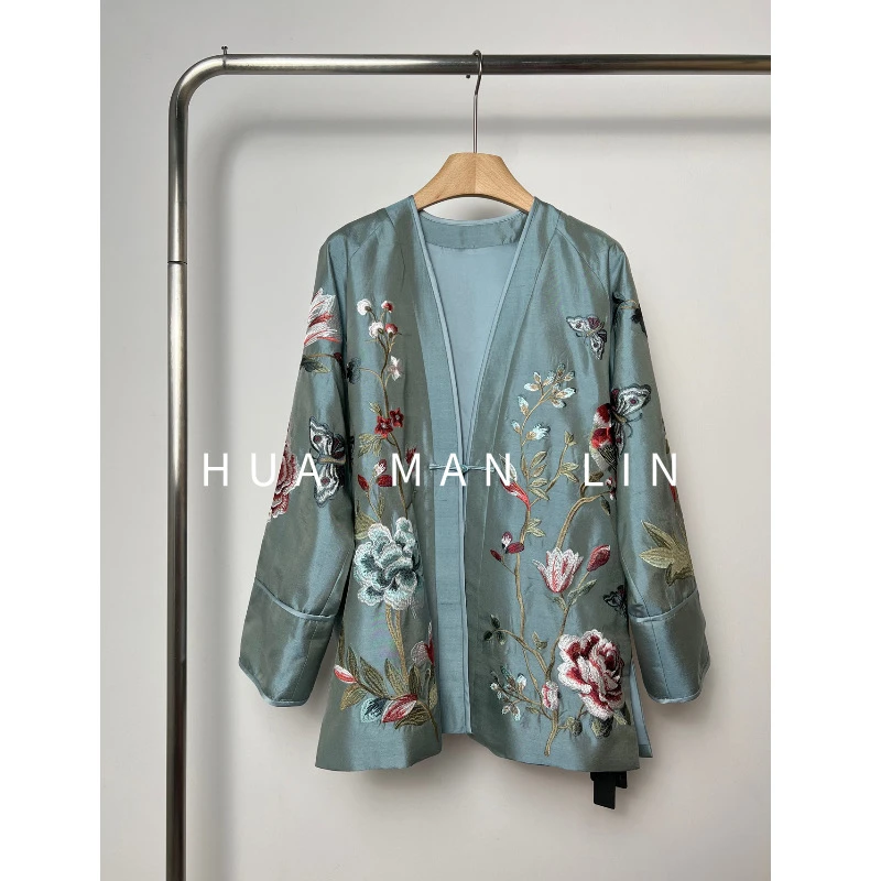 花滿林V领一粒扣重工刺绣双宫真丝桑蚕丝上衣8572