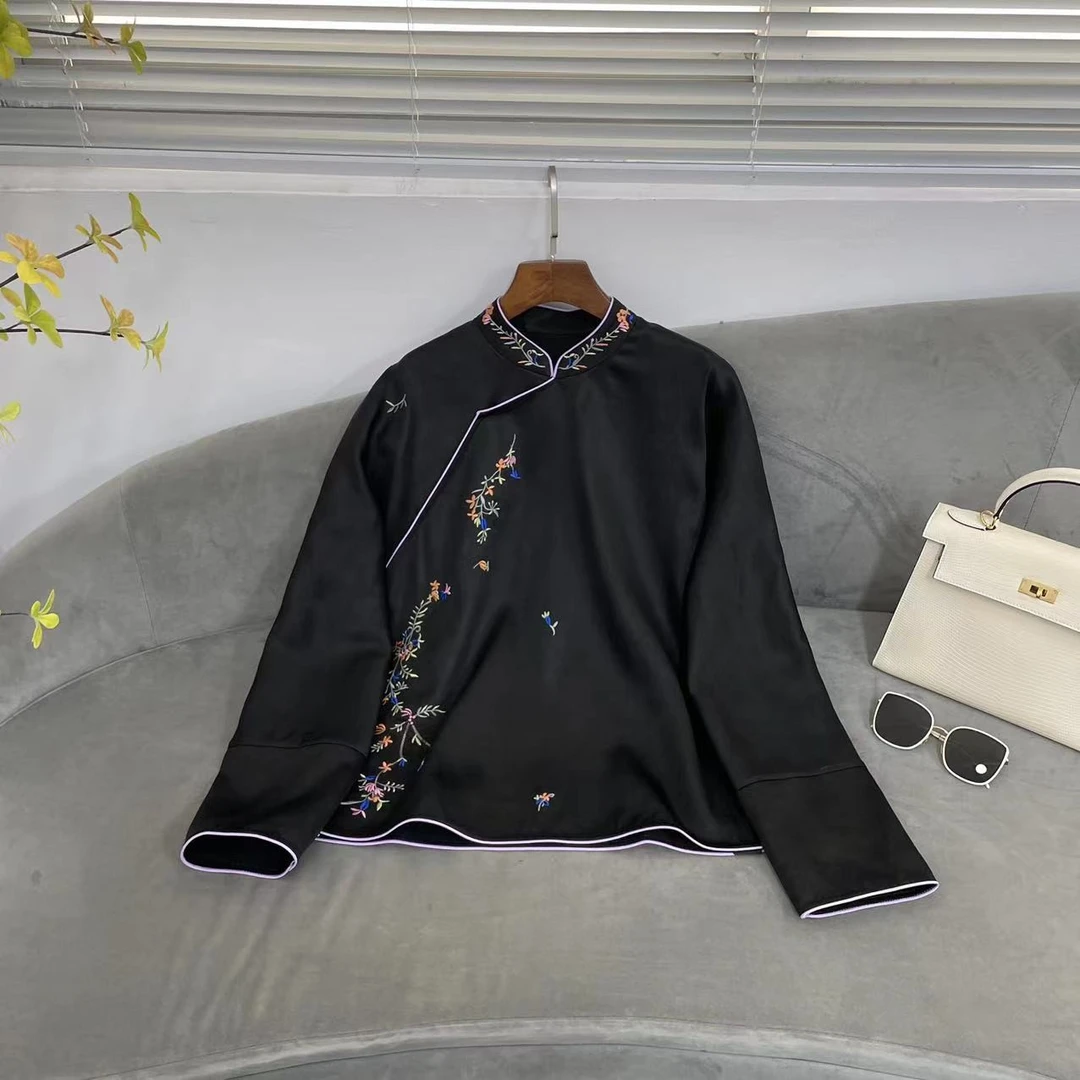 【花滿林】香云纱撞色边刺绣上衣6176