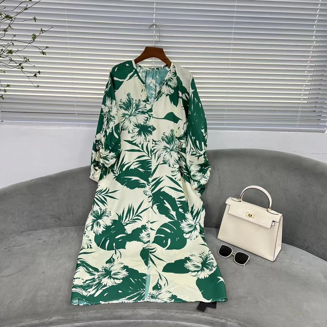 【花滿林】新款V领阔版斜纹绸桑蚕丝前开叉时尚印花连衣裙5852