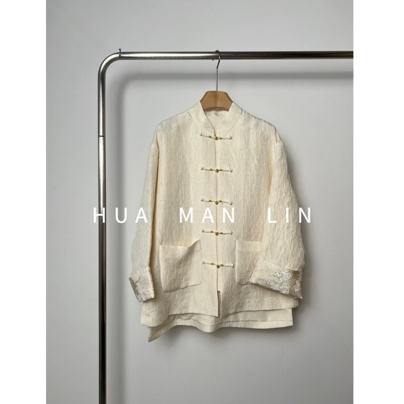 【花滿林】小立领手工盘扣贴袋卷袖后背重工刺绣桑蚕丝外套8035