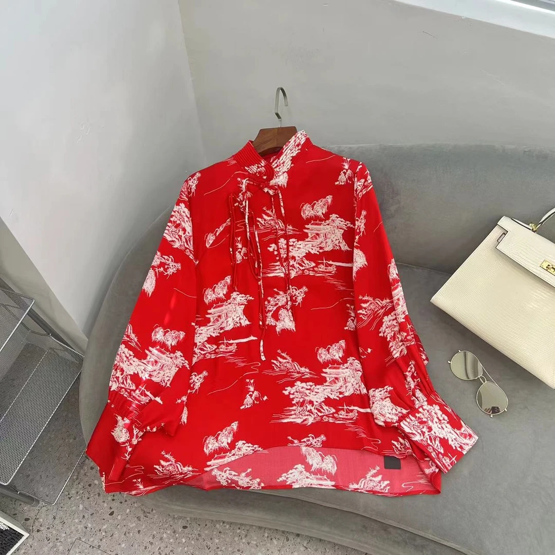 【花滿林】新款宫廷袖盘扣时尚印花国风双乔桑蚕丝短款衬衫3886