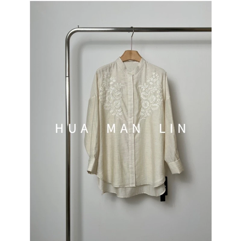 【花滿林】新款亚麻国风小立领重工钉珠刺绣前短后长落肩衬衫7615