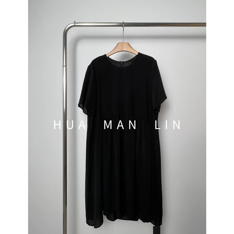 【花滿林】圆领手工打条后拉链鬼绉真丝桑蚕丝连衣裙8631