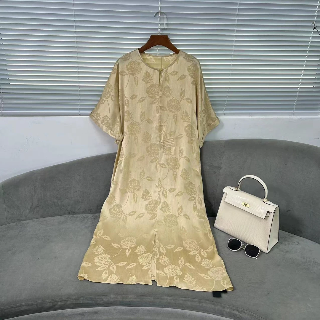 【花滿林】圆领一粒扣前开叉盘扣提花桑蚕丝连衣裙6806