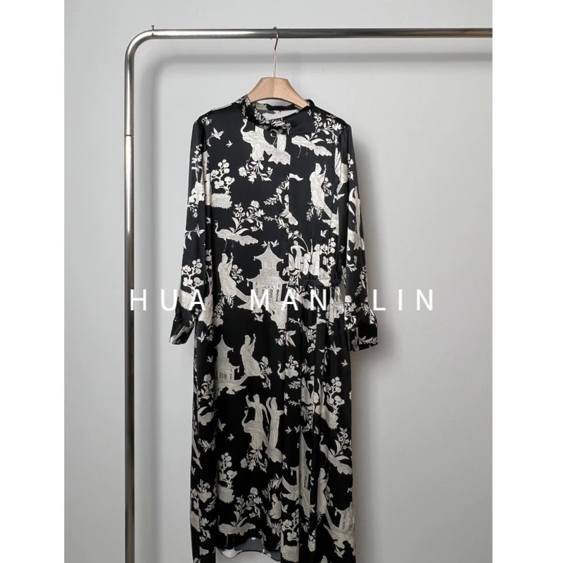 【花滿林】设计感领口腰部不规则26MM弹力缎真丝桑蚕丝连衣裙8092