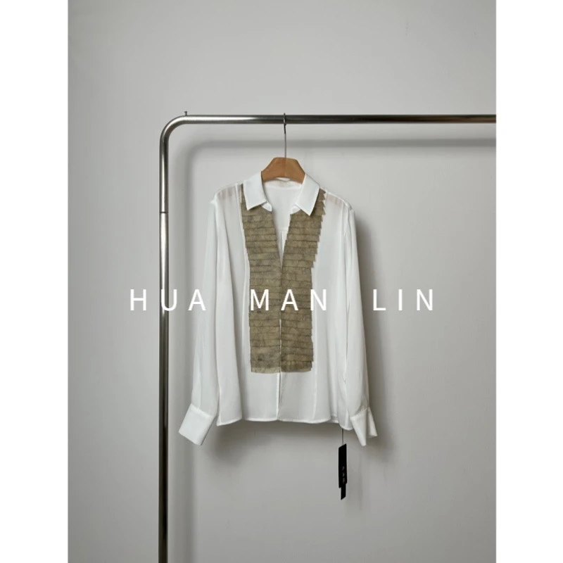 【花满林】设计感小V翻领前中压褶建宏绉真丝桑蚕丝衬衫7697