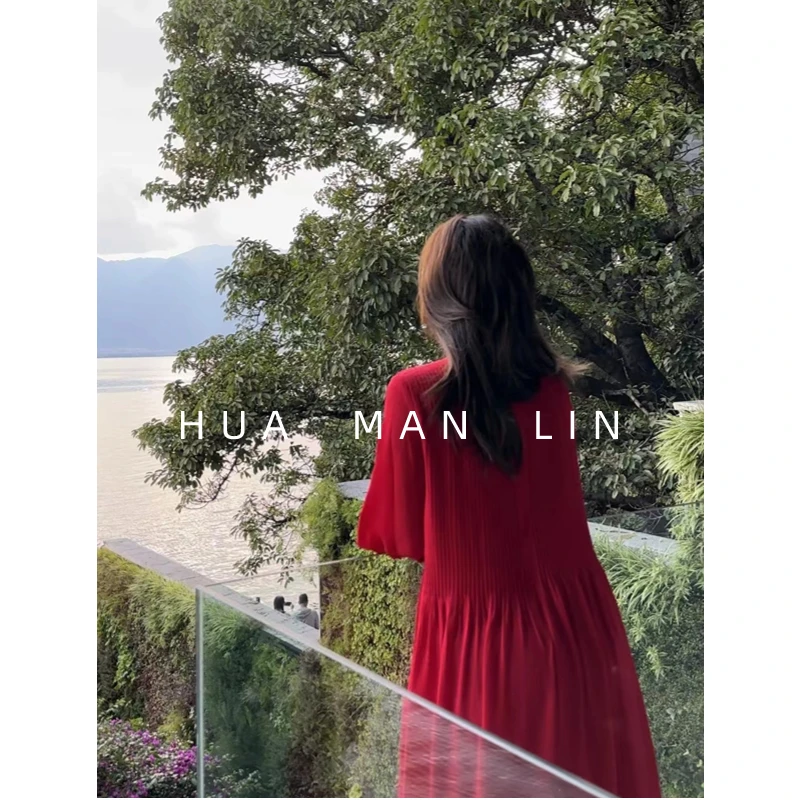 【花滿林】圆领打条捏褶30姆米建宏绉桑蚕丝里衬双绉大摆连衣裙6121