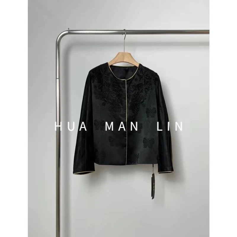 【花滿林】圆领金色镶边重工钉珠桑蚕丝丝毛百搭外套7532