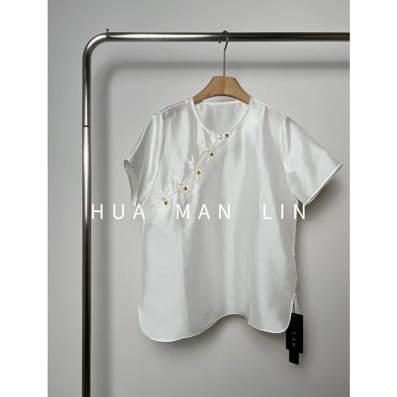 花滿林圆领斜门襟26MM双宫真丝桑蚕丝白色短袖上衣8322
