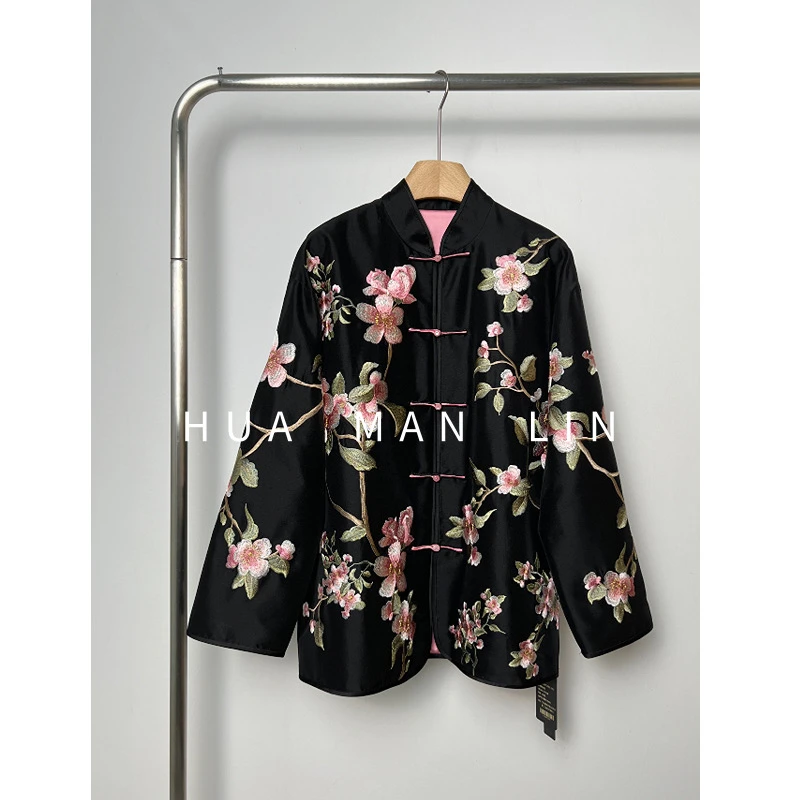 【花满林】小立领撞色手工盘扣重工刺绣双宫真丝桑蚕丝外套8255