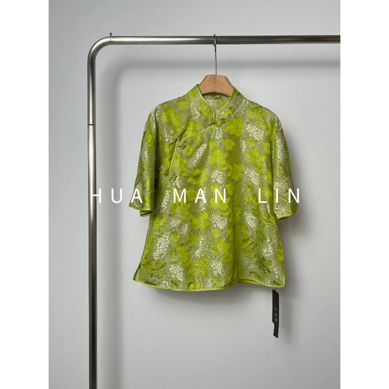 花滿林‘阳光玫瑰’小立领斜门襟花罗真丝桑蚕丝七分袖上衣8831