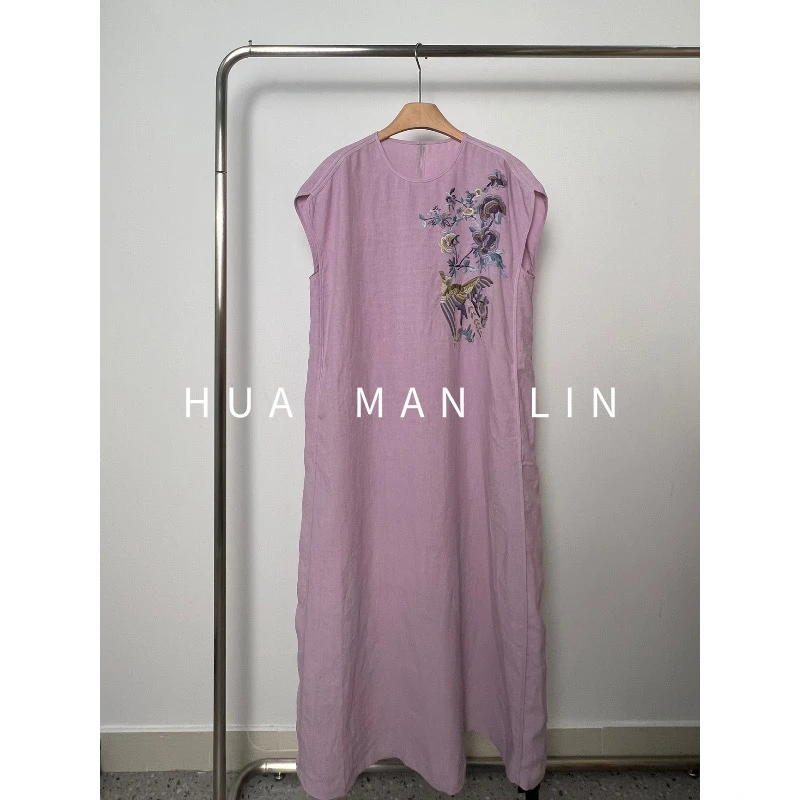 花滿林圆领刺绣盖袖汉麻普洗+酵洗工艺连衣裙【有腰带】8656