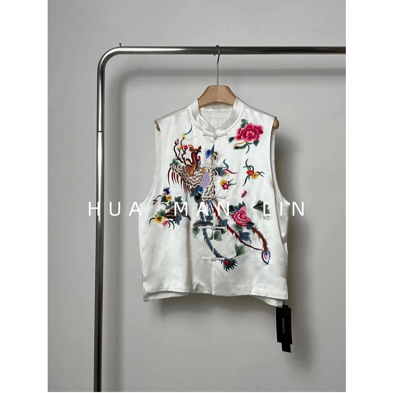 【花滿林】中式小立领重工定位绣花盘扣时尚百搭醋酸白色马夹3732