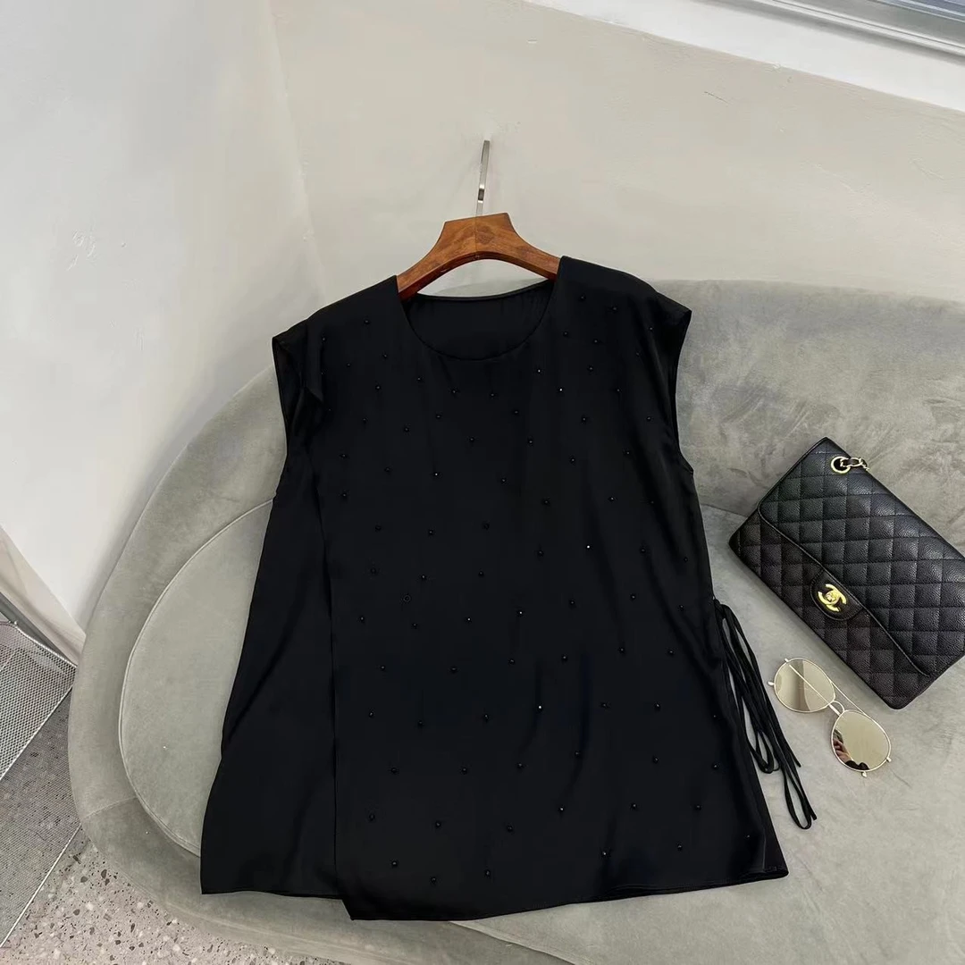 【花滿林】两色圆领简约百搭钉珠盖袖上衣5792