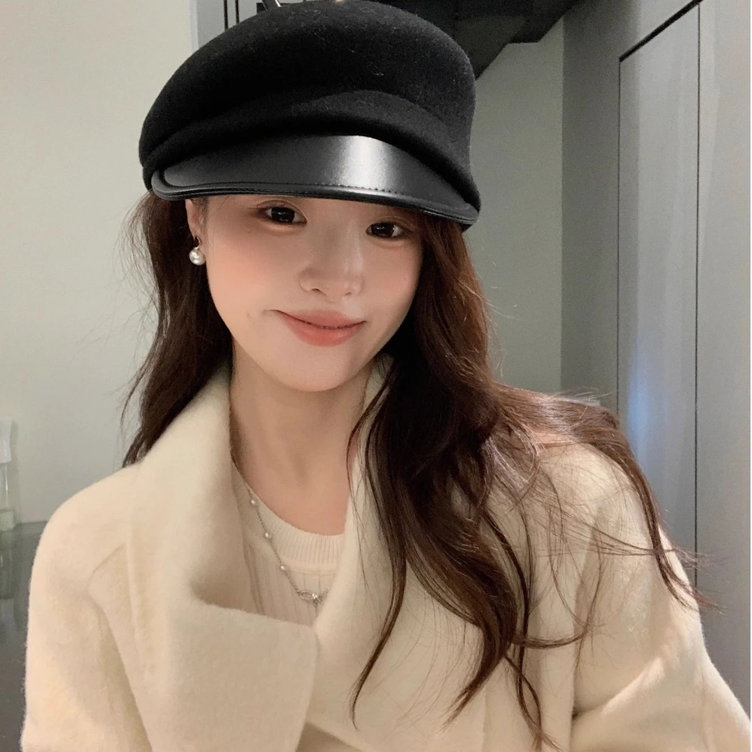 法式优雅羊毛拼皮八角帽子女秋冬百搭显脸小画家帽报童帽