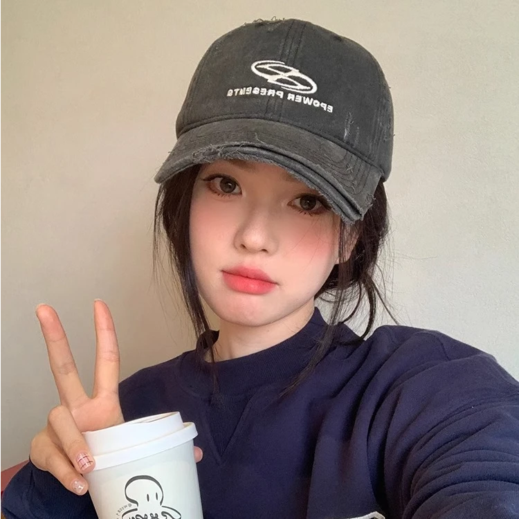 美式做旧破洞牛仔棒球帽女宽帽檐大脸显脸小鸭舌帽大头围百搭帽子