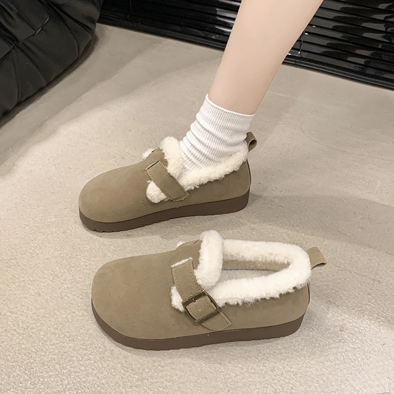 加绒保暖复古平底毛毛鞋女外穿休闲鞋2024秋冬款软底舒适豆豆棉鞋