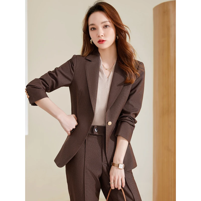 咖啡色高级感西装套装粉色西服套装女
