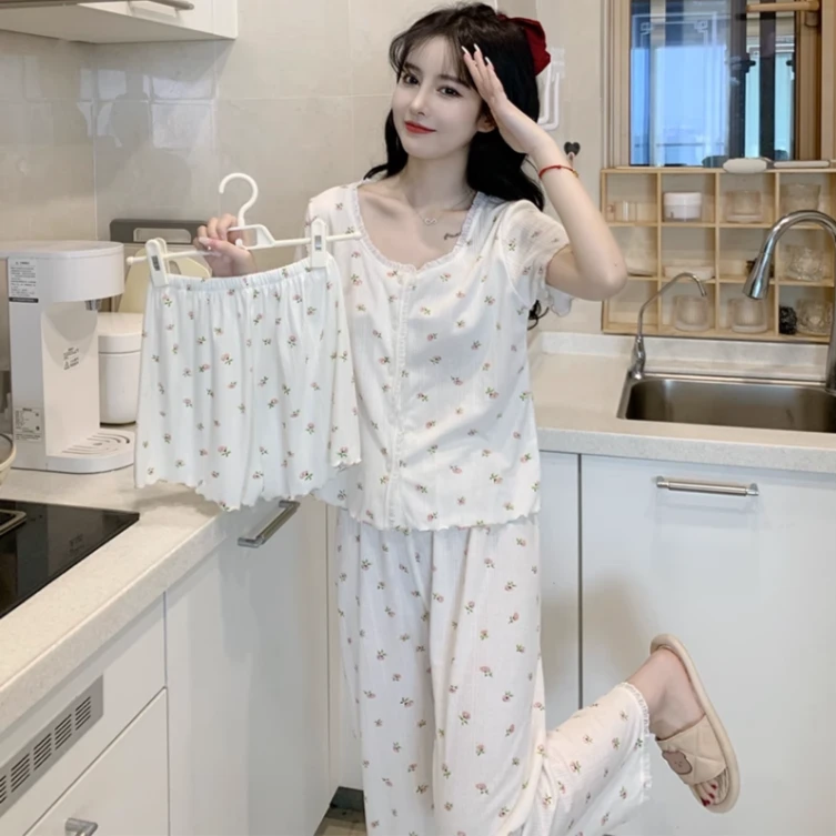 夏季纯棉睡衣女款短袖三件套爆款2025新款可外穿女士夏天居家居服