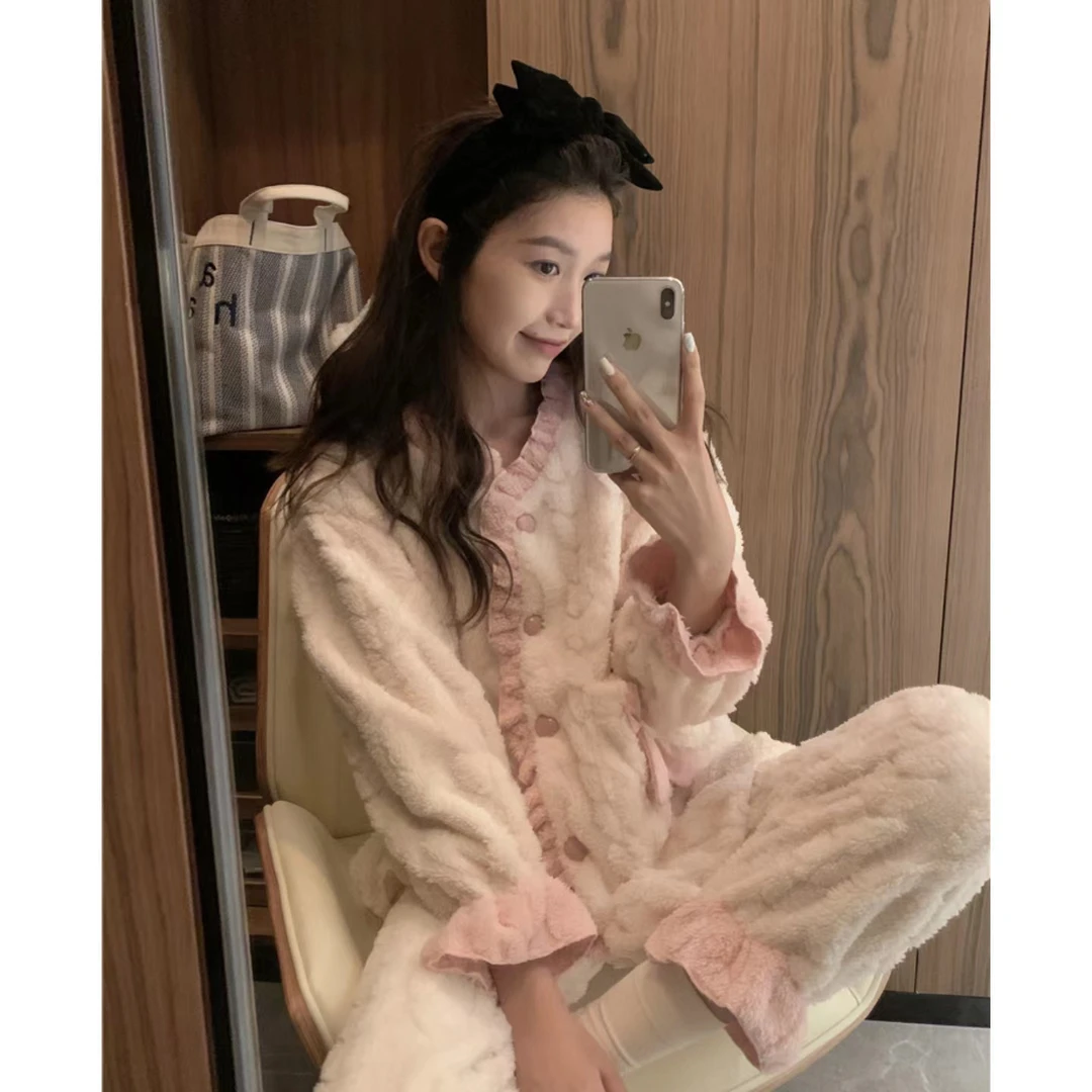 珊瑚绒睡衣秋冬季女士加厚加绒套装法兰绒小香风女款居家居服冬天