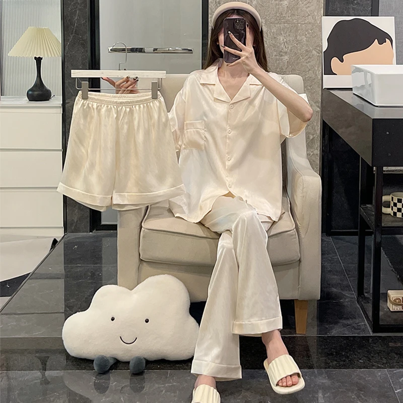 睡衣女款夏季冰丝爆款2024新款可外穿高档网红三件套女士居家居服