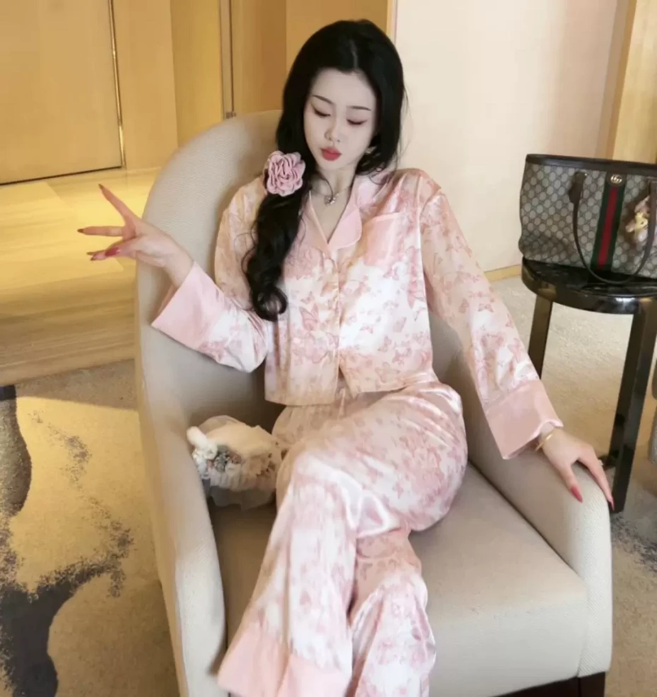 2025女款睡衣冰丝套装高级感轻奢仿真丝女士春秋季长袖长裤家居服