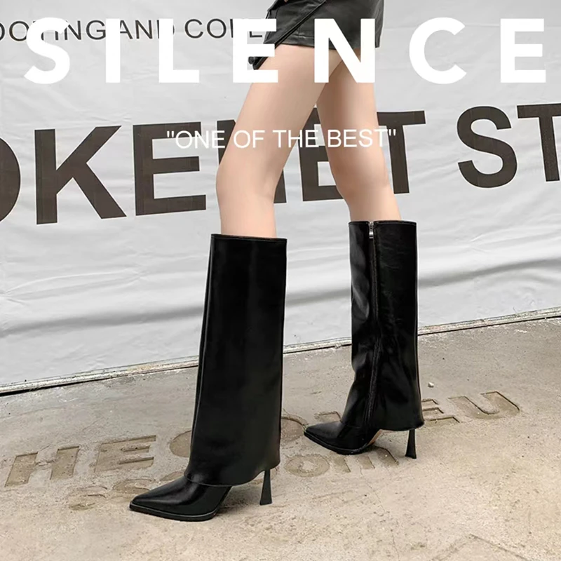 大筒围裤管靴超高跟长靴女2024新款秋冬尖头细跟粗腿显瘦长筒靴子