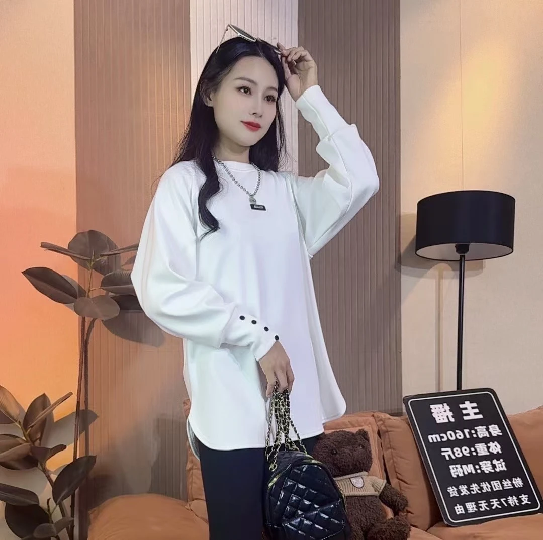 婴儿绒袖口纽扣秋冬款加绒加厚字母小皮标韩版中长款宽松上衣