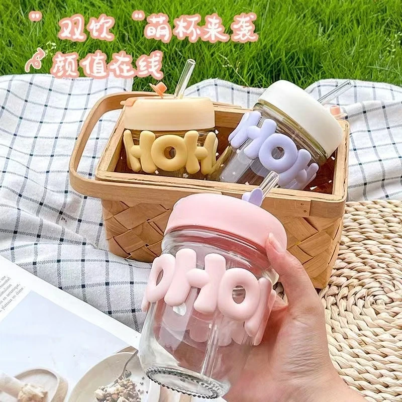 玻璃水杯双饮便携杯子吸管杯ins高颜值杯网红创意可爱简约学生