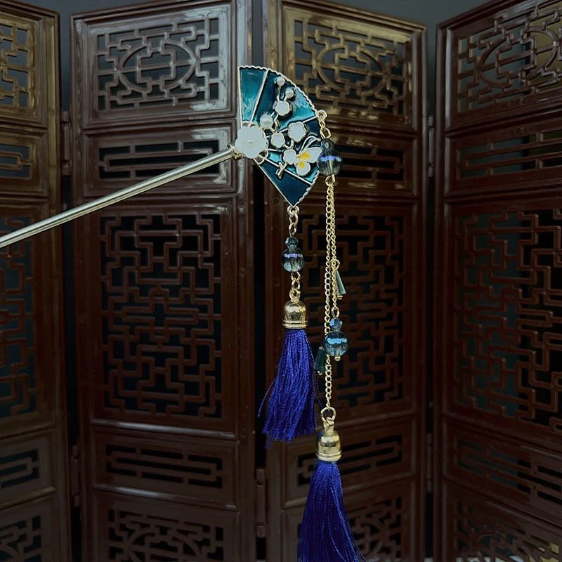 111号扇子发簪古风新款蓝流苏气质长款民族风烧蓝簪子蓝扇发簪