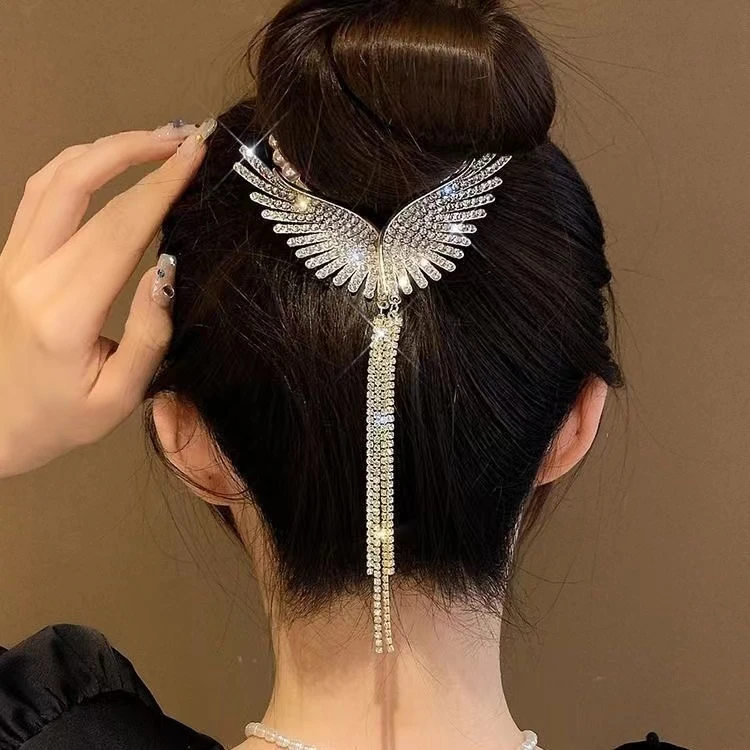 045号超仙天使翅膀流苏发夹女后脑勺丸子头抓夹盘发神器