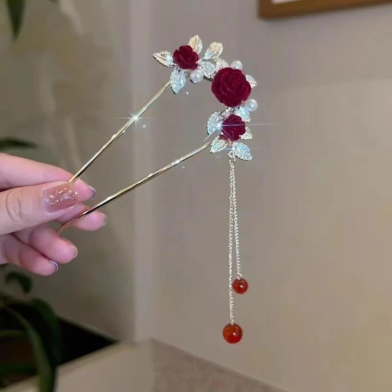 新中式红色玫瑰花流苏发簪古风U型簪子157号