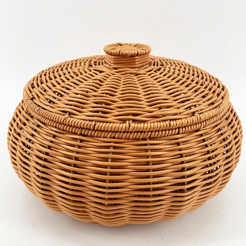Z2棕色大肚带盖馒头框居家简约风水果篮纯手工编织大号26*22