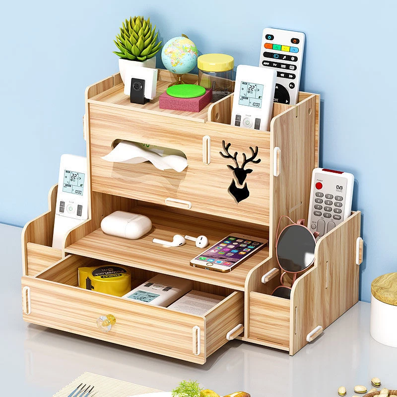桌面收纳盒整理盒办公室多功能文件架木质多层笔筒带抽屉收纳盒