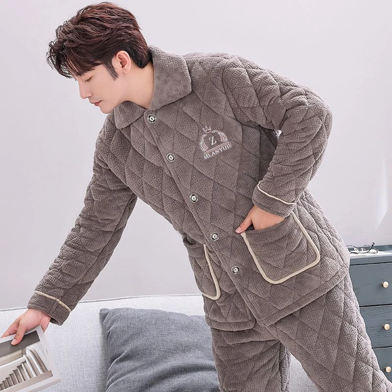 冬季男士睡衣三层夹棉珊瑚绒中老年法兰绒加绒加厚老人家居服套装