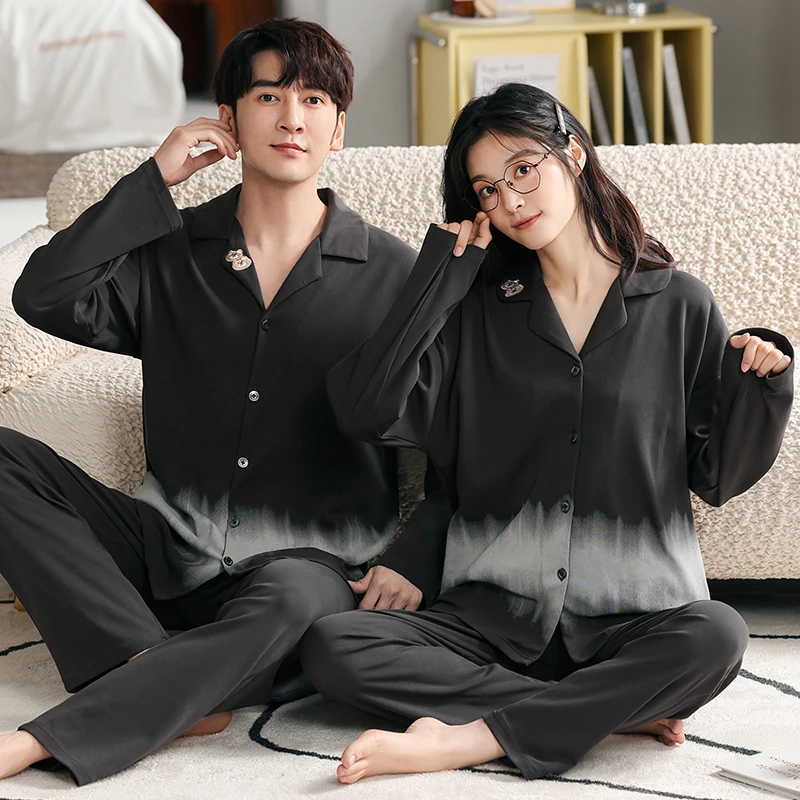 情侣睡衣春秋季纯棉长袖韩式黑色高级感家居服男女秋冬可外穿套装
