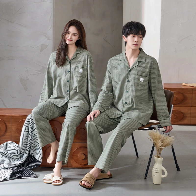 100%棉情侣睡衣女春秋款纯棉长袖简约条纹高级感男大码家居服套装