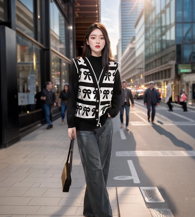 奢姿大码女装2024冬季减龄蝴蝶结图案针织衫胖妹妹时尚假两件上衣