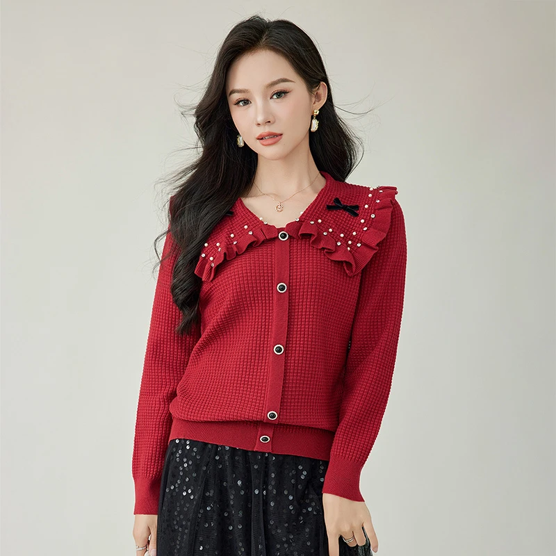 奢姿2024年秋季新款大码女装减龄花边上衣胖妹妹翻领蝴蝶结针织衫