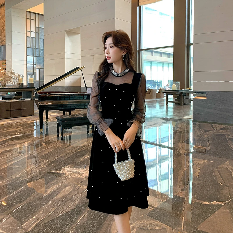 奢姿2024年秋季新款大码女装钉珠立领裙子胖妹妹拼接气质连衣裙