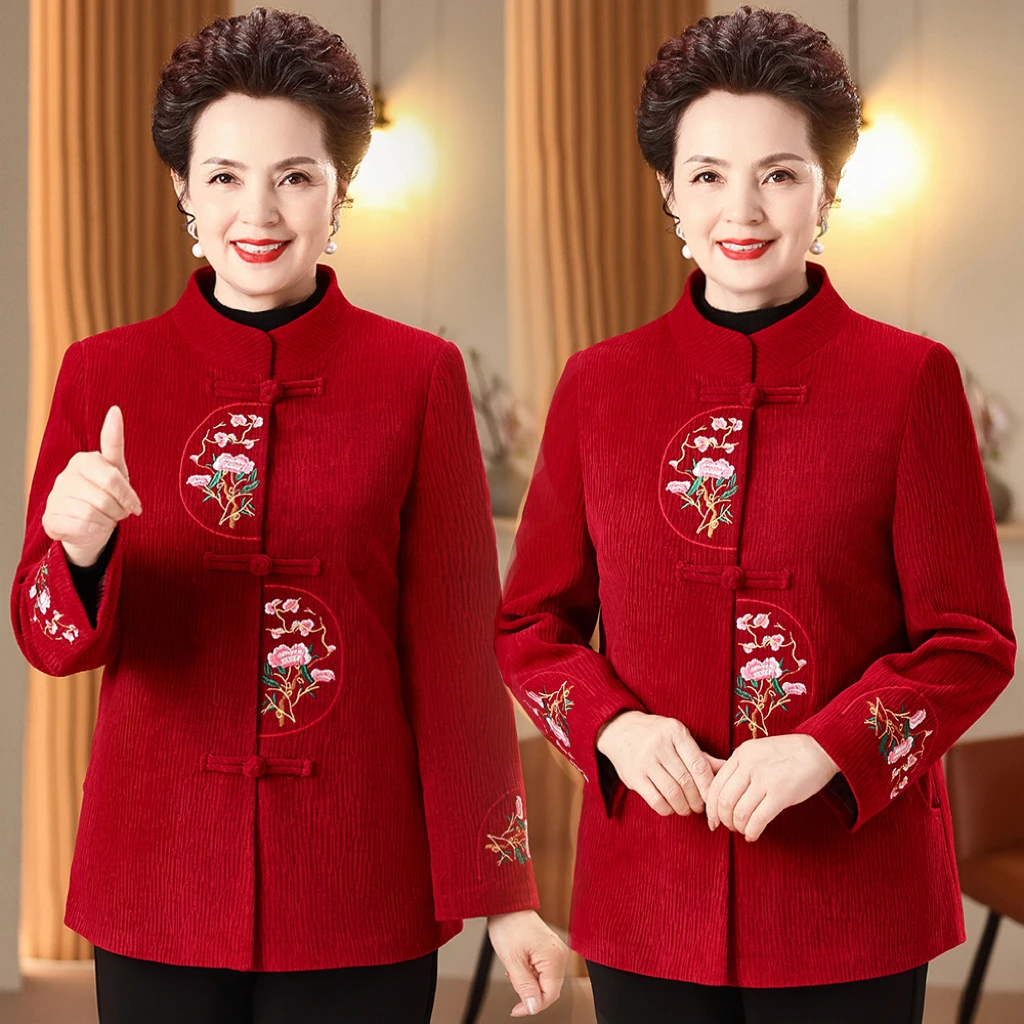 奶奶秋装外套女中老年妈妈装春秋上衣服老人太太婚宴装唐装灯芯绒