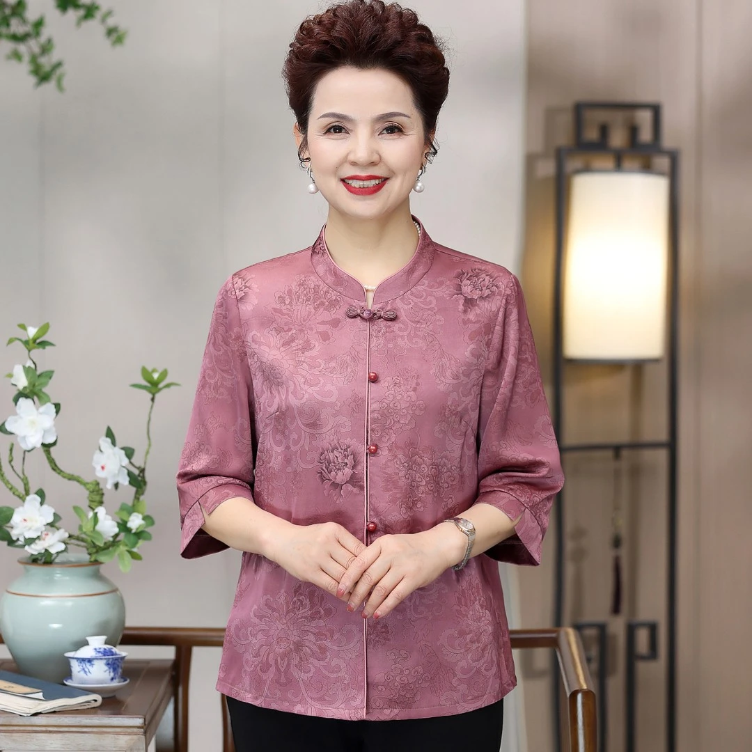 中老年新款女装小衫春夏七分袖打底衫上衣洋气妈妈装立领薄款衬衣
