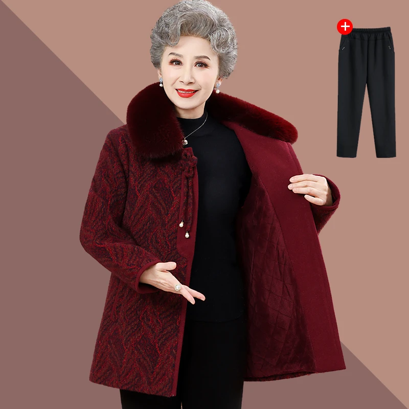 新款奶奶冬装时尚外套女中老年人妈妈毛呢加绒加厚老太太毛领上衣