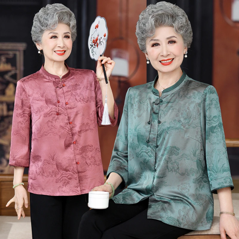中老年人衬衫女奶奶装春夏装上衣老太太新款老人衣服女妈妈衬衣