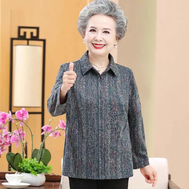 奶奶装2023春秋薄外套长袖衬衫老年人秋装60岁妈妈上衣70老人衣服